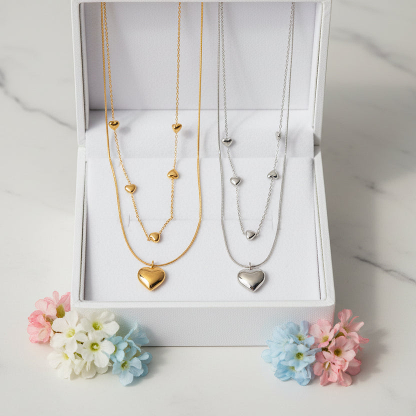 Romantic French Vintage Love Heart Double-Layer Collarbone Necklace set in 18K Gold Plating Capella Jewellery