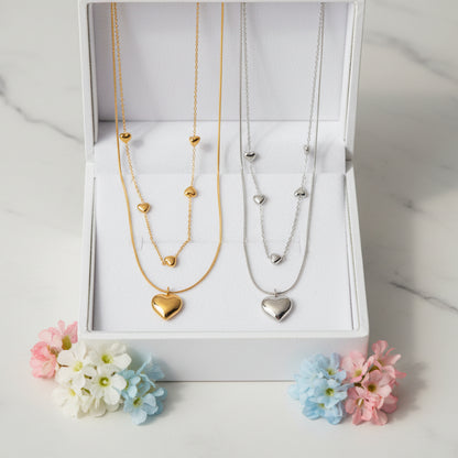 Romantic French Vintage Love Heart Double-Layer Collarbone Necklace set in 18K Gold Plating Capella Jewellery