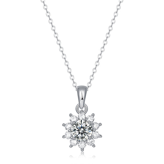 French Sunflower 1 Carat Moissanite Diamond Pendant set in 18K White Gold Plated 925 Silver (GRA)