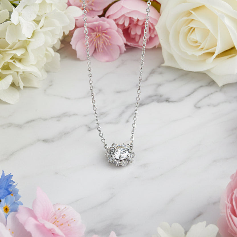 Snowflake Design 1 Carat Moissanite Diamond Necklace set in 18K White Gold Plating (GRA)