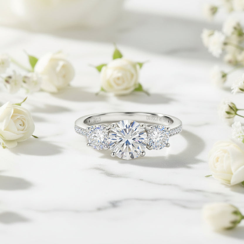 Italian Three Stone 3 Carat Moissanite Diamond Ring set in 18K White Gold Plated 925 Silver (GRA)