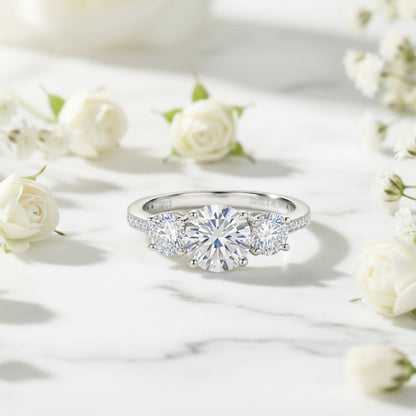 Italian Three Stones Pavé Sides 3 Carat Moissanite Ring set in 18K White Gold Plated 925 Silver (GRA) Capella Jewellery