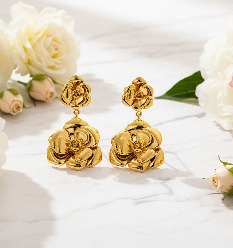 Italian InspiredCamellia Flower Retro Design Stud Earrings set in 18K Gold Plated Capella Jewellery