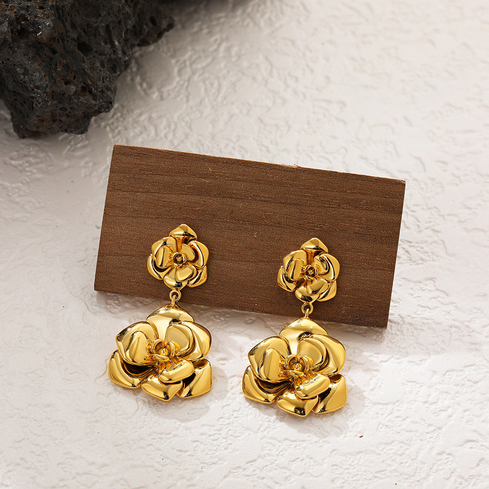 18K Gold Plated Camellia Retro Stud Earrings
