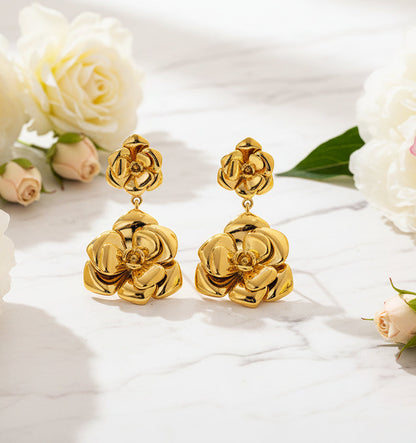 Italian InspiredCamellia Flower Retro Design Stud Earrings set in 18K Gold Plated Capella Jewellery