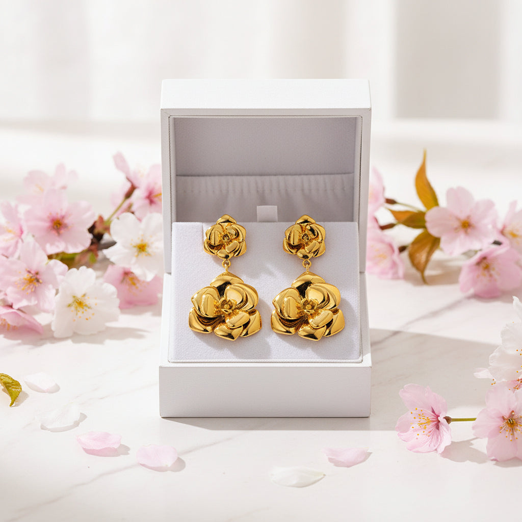 Italian Design Camellia Flower Retro Stud Earrings set in 18K Gold Plated