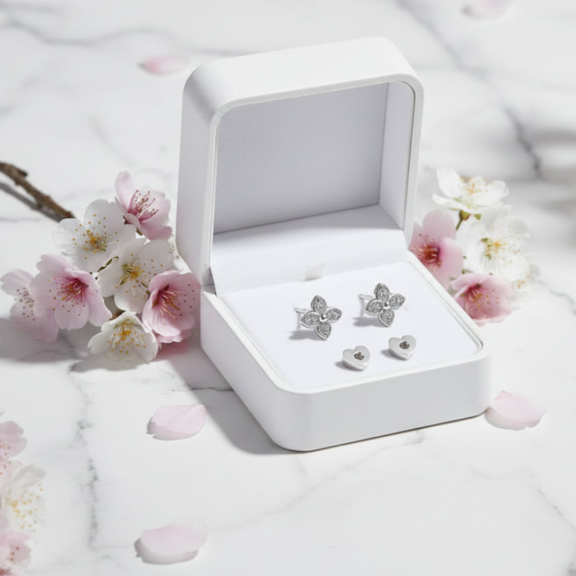 Four Petal Flower Micro Moissanite Diamond Earrings set in Platinum Plated 925 Silver (GRA)
