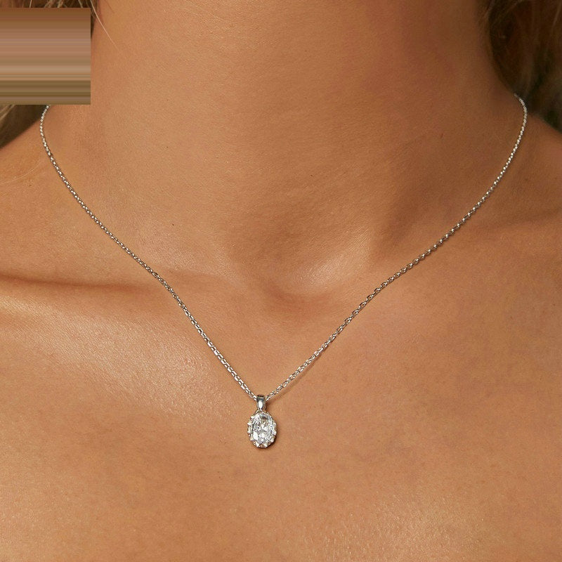 Oval Drop 1 Carat Moissanite Diamond Necklace Set in Platinum Plated 925 Silver (GRA)