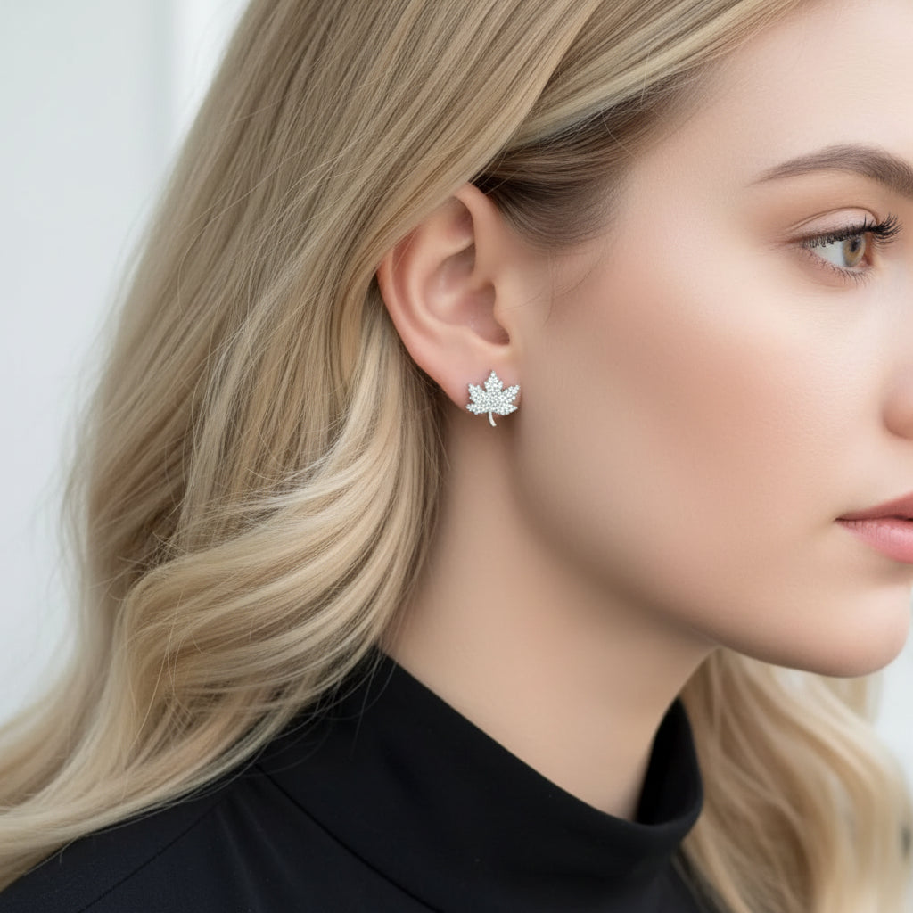 French Maple Leaf Design Micro Inlaid Natural Zircon Gemstone Earrings set in 925 Silver