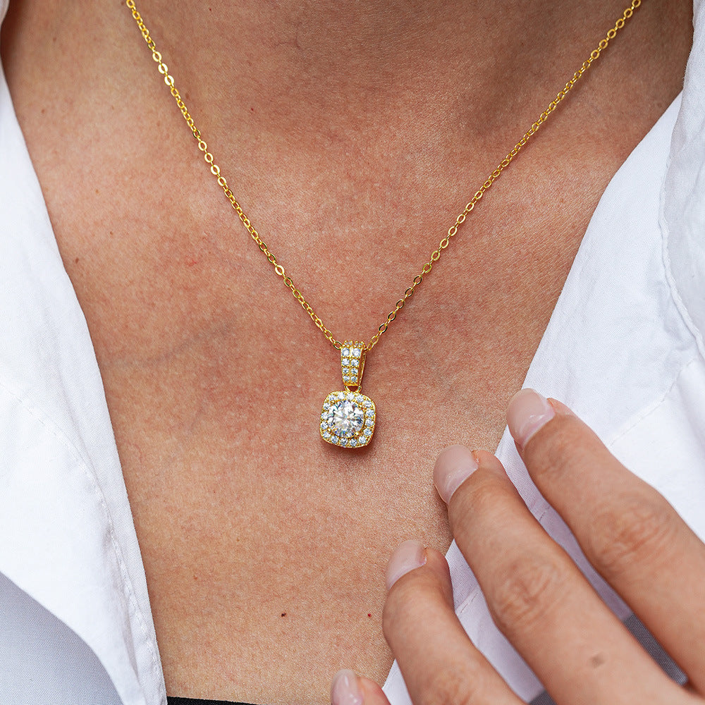 Japanese Micro Inlay 1 Carat Moissanite Diamond Necklace set in 14K Gold Plated 925 Silver (GRA)