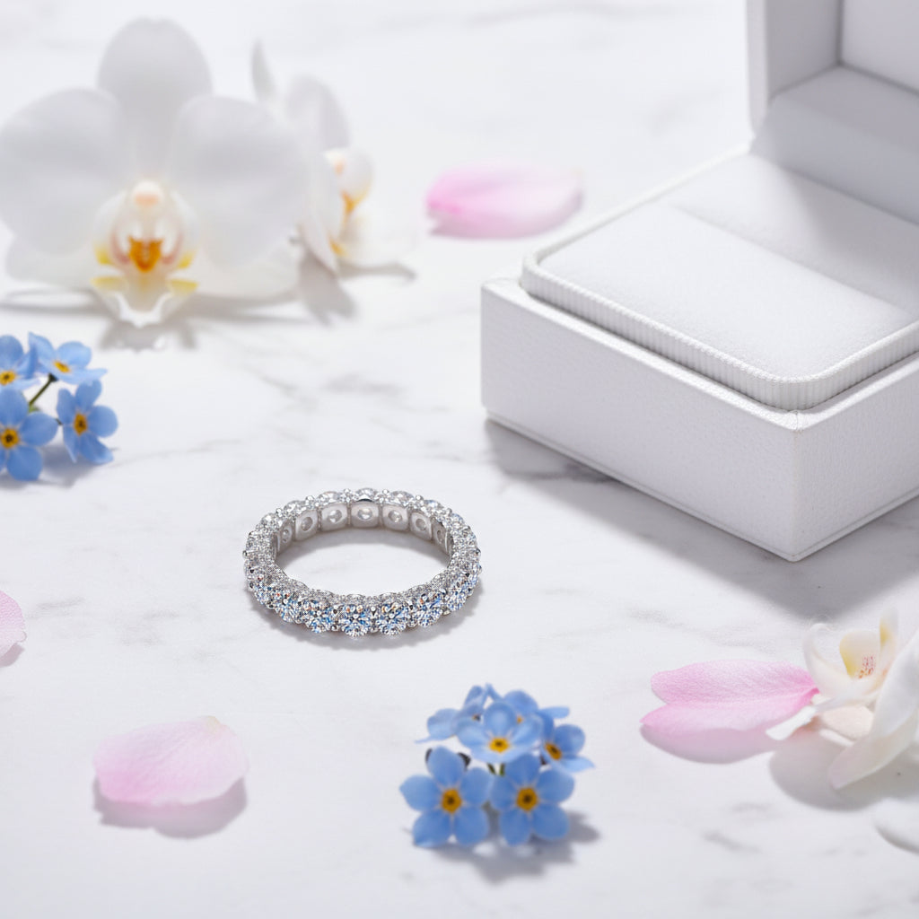 Eternity Ring Full Inlaid 2.1 Carat Moissanite Diamond set in 18K White Gold Plated 925 Silver (GRA)