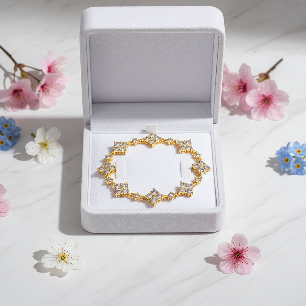 Four-leaf Clover Micro Inlay Moissanite Diamond Bracelet set in 18K White Gold Plated 925 Silver