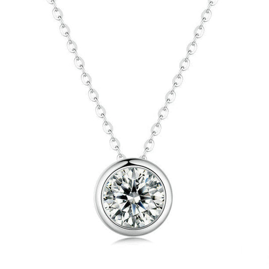 European Classic Round 1 Carat Moissanite Diamond Pendant set in Platinum Plated 925 Silver (GRA)