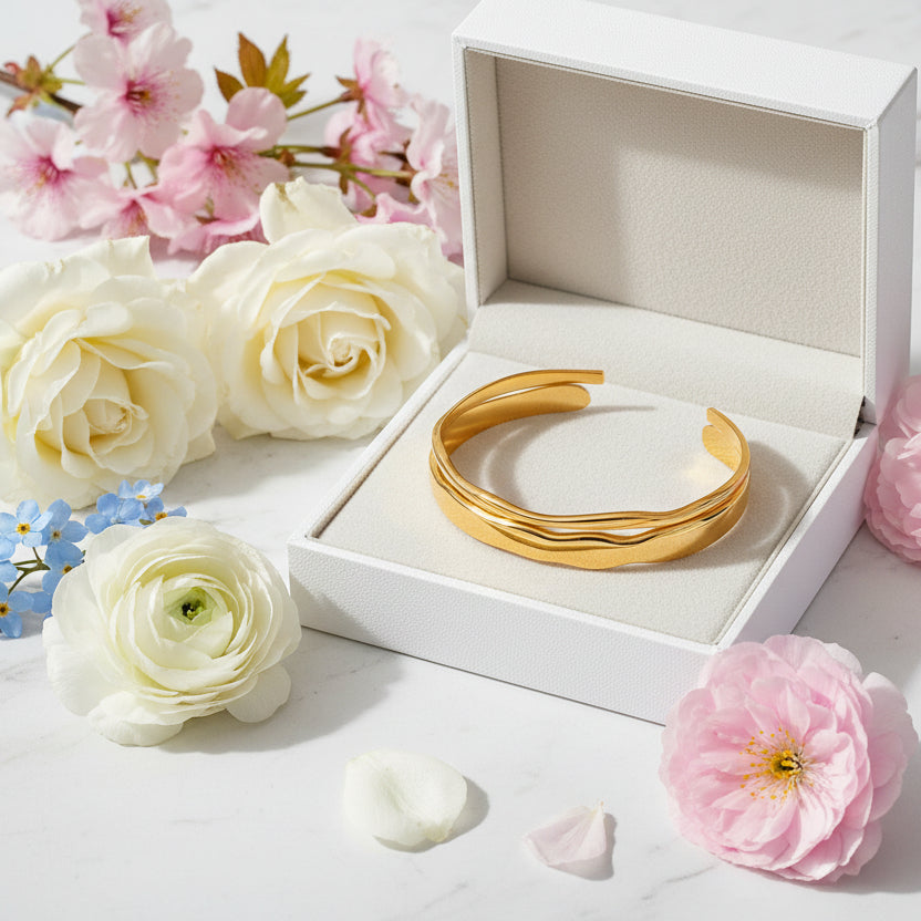 French Chic Designed Twin Wave Open-Ended Bangle Bracelet set in 18K Gold Plating