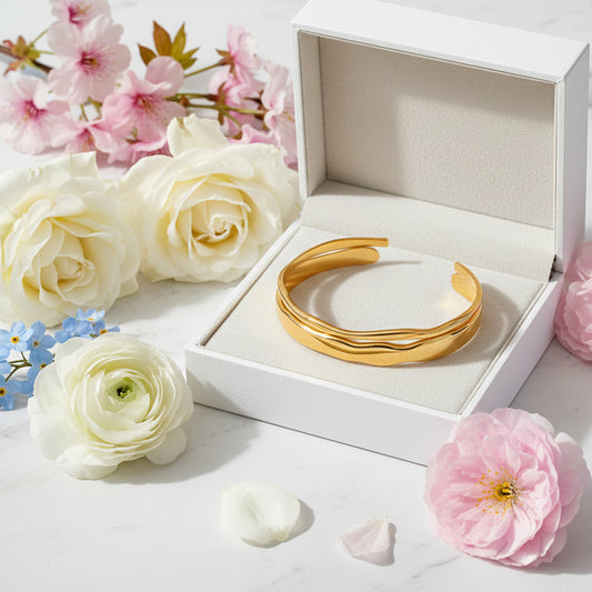Simple French Chic Designed Twin Wave Open-Ended Bangle Bracelet set in 18K Gold Plating