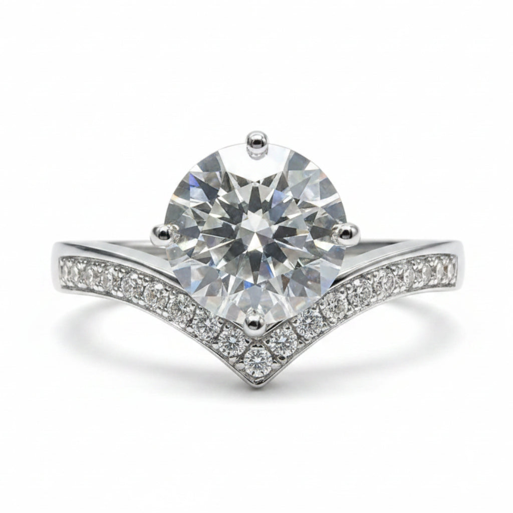 French Chevron Solitaire Pave Inlay 1 Carat Moissanite Diamond Ring set in 18K White Gold 925 Silver