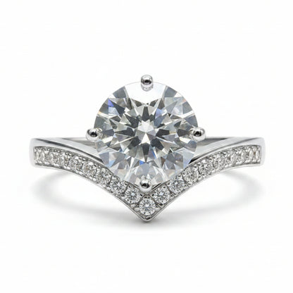 French Chevron Pavé Solitaire 1 Carat Moissanite Ring set in 18K White Gold 925 Silver (GRA) Capella Jewellery