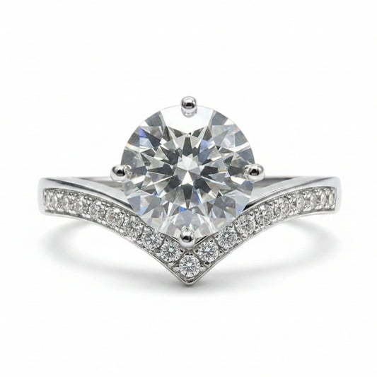 French Chevron Pavé Solitaire 1 Carat Moissanite Diamond Ring set in 18K White Gold 925 Silver (GRA)