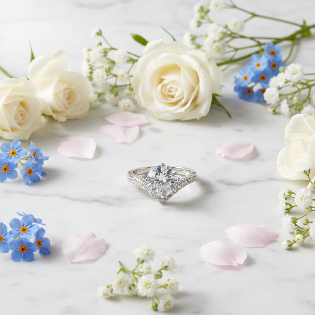 French Chevron Solitaire Pave Inlay 1 Carat Moissanite Diamond Ring set in 18K White Gold 925 Silver