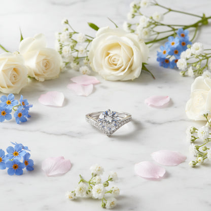 French Chevron Pavé Solitaire 1 Carat Moissanite Ring set in 18K White Gold 925 Silver (GRA) Capella Jewellery