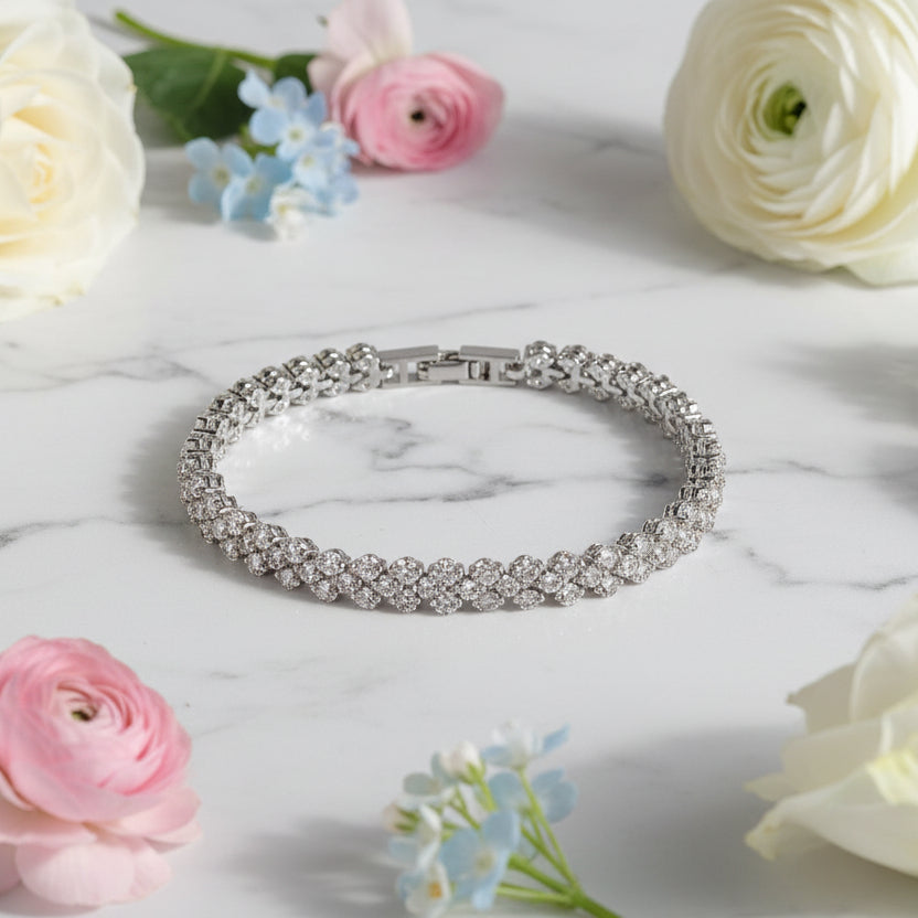 European Design Full Row Natural Zircon Tennis Bracelet set in 18K White Gold Plated 925 Silver