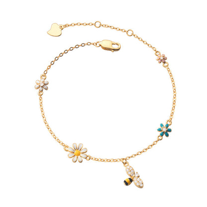 Beautiful French Sweet Summer Flowers & Bees Rhinestone Bracelet set in 18K Gold Plated 925 Silver Capella Jewellery