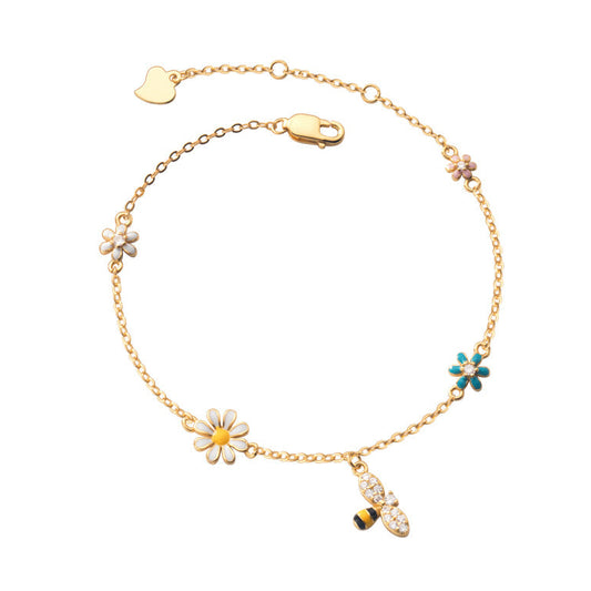 Beautiful French Sweet Summer Flowers & Bees Rhinestone Bracelet set in 18K Gold Plated 925 Silver
