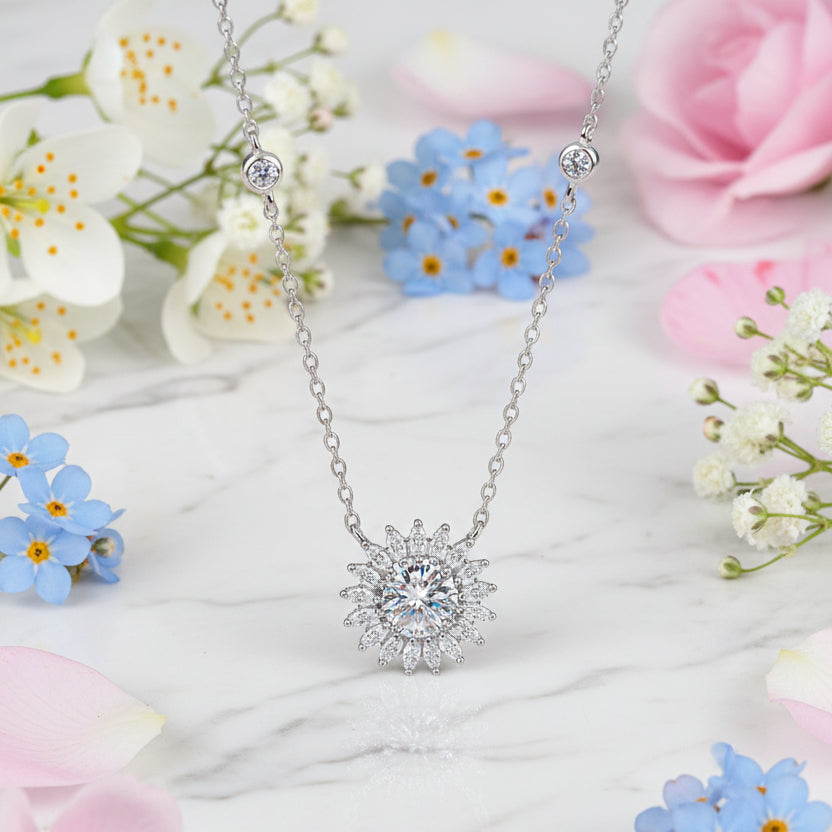 Van Gogh Sunflower 1 Carat Moissanite Diamond Pendant set in Platinum Plated 925 Silver (GRA)