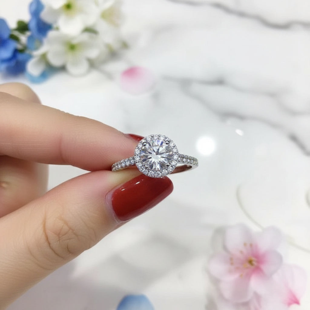 French Round Pavé Design 3 Carat Moissanite Diamond Ring set in 18K White Gold Plated 925 Silver (GRA)