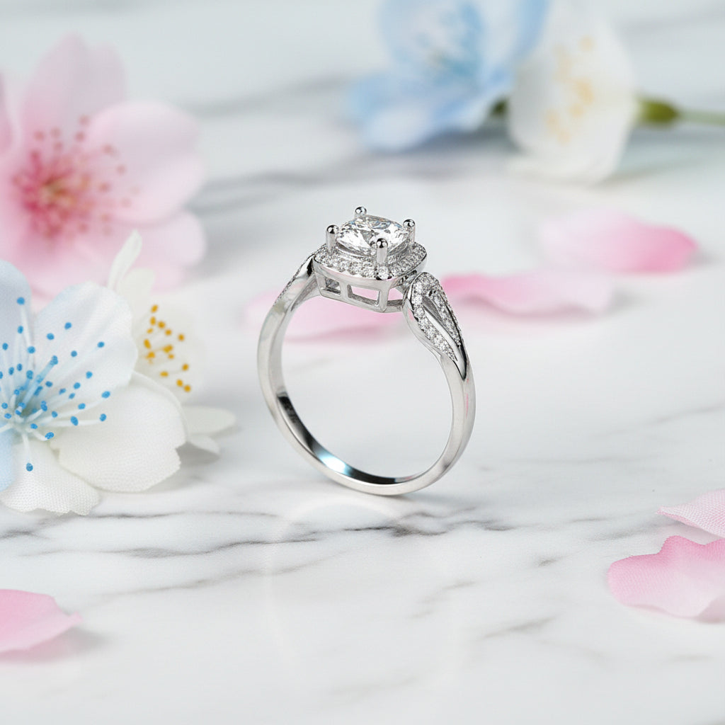 Korean Petal Design 1 Carat Moissanite Diamond Ring set in 18K White Gold Plated 925 Silver (GRA)