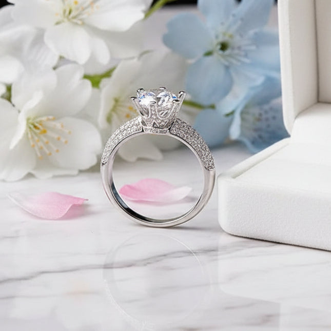 Hearts & Arrows Engagement Ring Pavé Micro Inlay 1 Carat Moissanite Diamond set in Platinum Plated S925 Silver