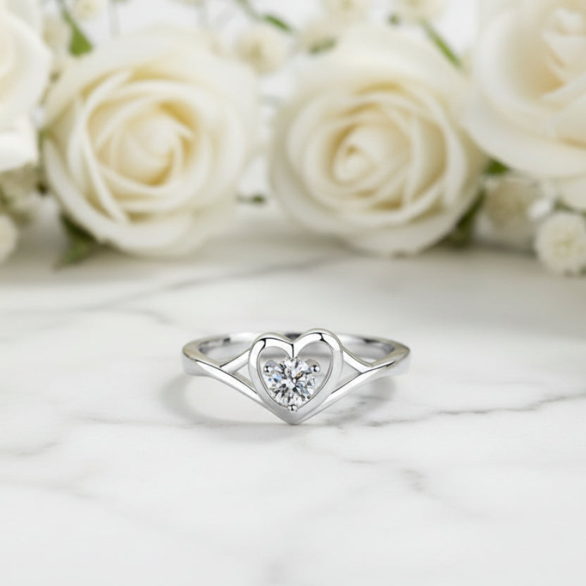 European Romantic Heart 0.3 Carat Moissanite Ring set in 18K White Gold Plated 925 Silver (GRA)