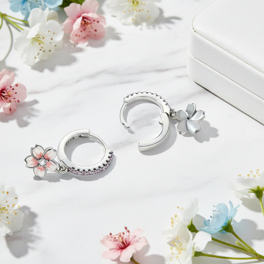 Japanese Design Sakura Cherry Blossom Natural Zircon Gemstone Earrings set in 925 Silver
