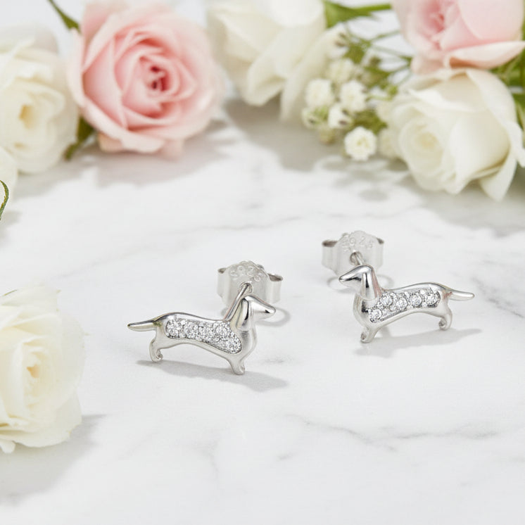 French Mini Sausage Dog Design Micro Inlaid Natural Zircon Gemstone Earrings set in 925 Silver