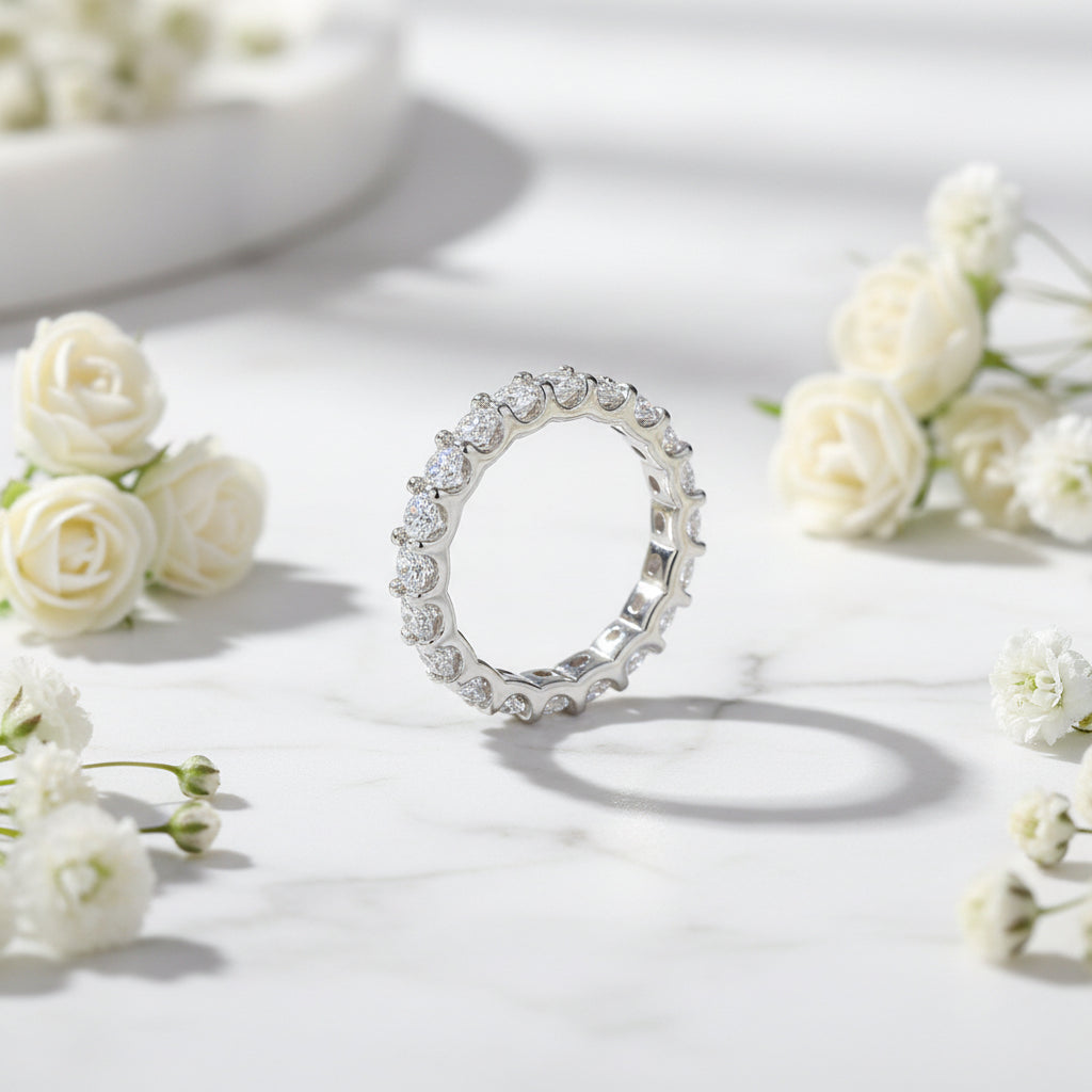 French Full Eternity 2.2 Carat Moissanite Ring set in 18K White Gold Plated 925 Silver (GRA) Capella Jewellery