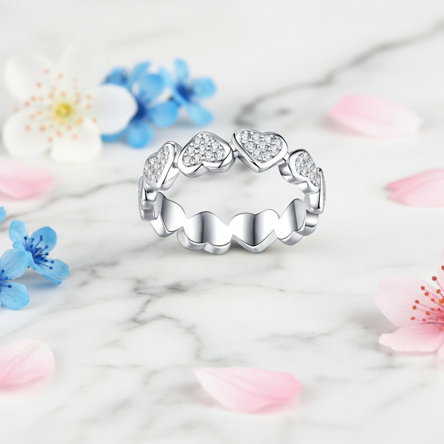 European Pavé Hearts Micro 90 Moissanite Diamond Ring 18K White Gold Plated 925 Silver (GRA)