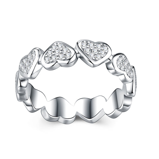 European Elegant Hearts Pavé Micro 90 Moissanite Diamond Ring 18K White Gold Plated 925 Silver (GRA)