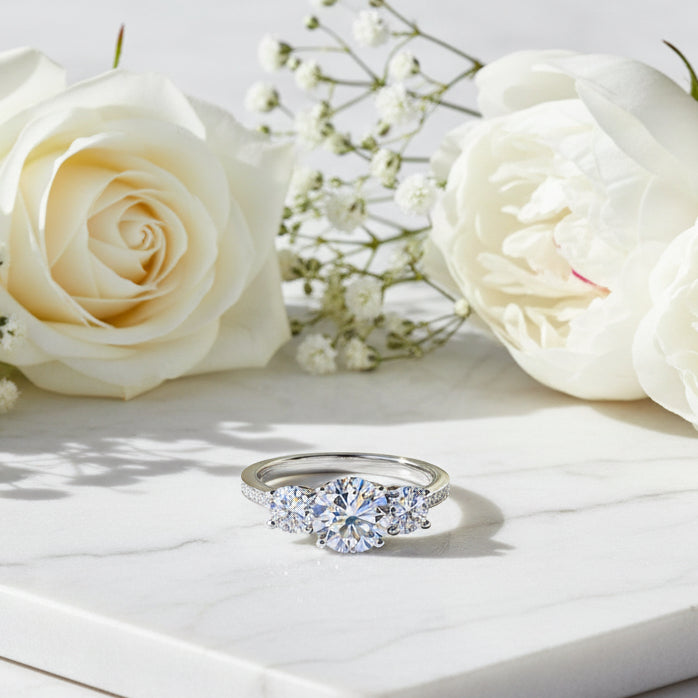 Italian Three Stone 3 Carat Moissanite Diamond Ring set in 18K White Gold Plated 925 Silver (GRA)