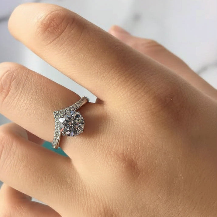 French Chevron Solitaire Pave Inlay 1 Carat Moissanite Diamond Ring set in 18K White Gold 925 Silver