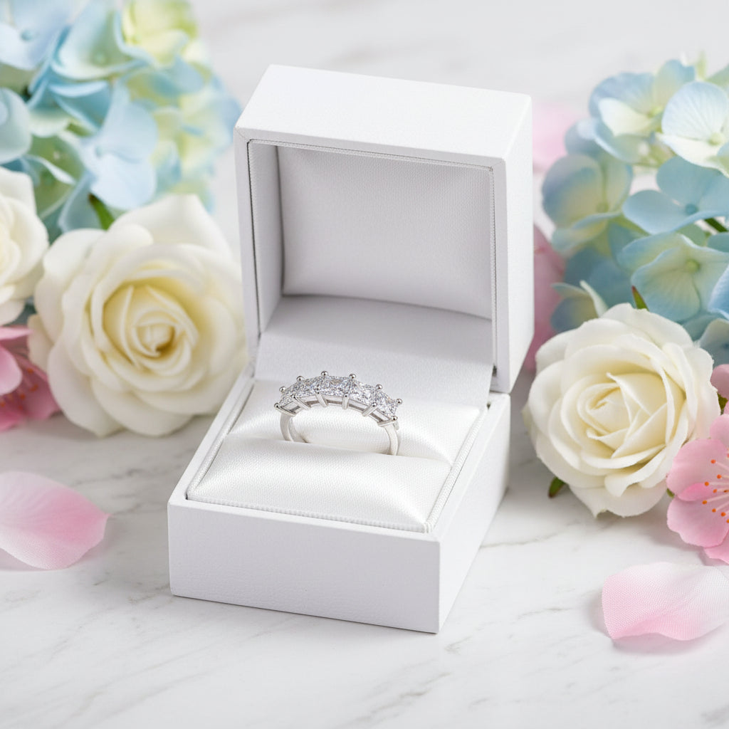 Eternity Five Row 2 Carat Moissanite Diamond Ring set in 18K White Gold Plated 925 Silver (GRA)