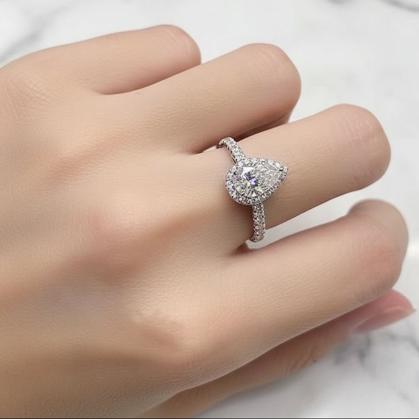 French Teardrop Pavé-set 2 Carat Moissanite Diamond Ring set in 18K White Gold Plated 925 Silver