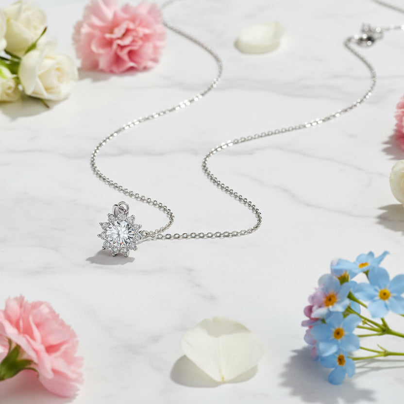 Summer Sunflower 2 Carat Moissanite Diamond Pendant set in 925 Silver Necklace (GRA)