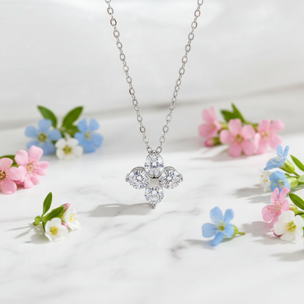Four-Leaf Clover 2 Ct Moissanite Diamond Pendent set in 18K White Gold Plated 925 Silver (GRA)