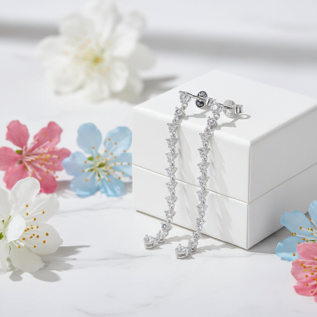 French Modern Tassel Design Natural Zircon Gemstone Earrings set in Platinum Plated 925 Silver