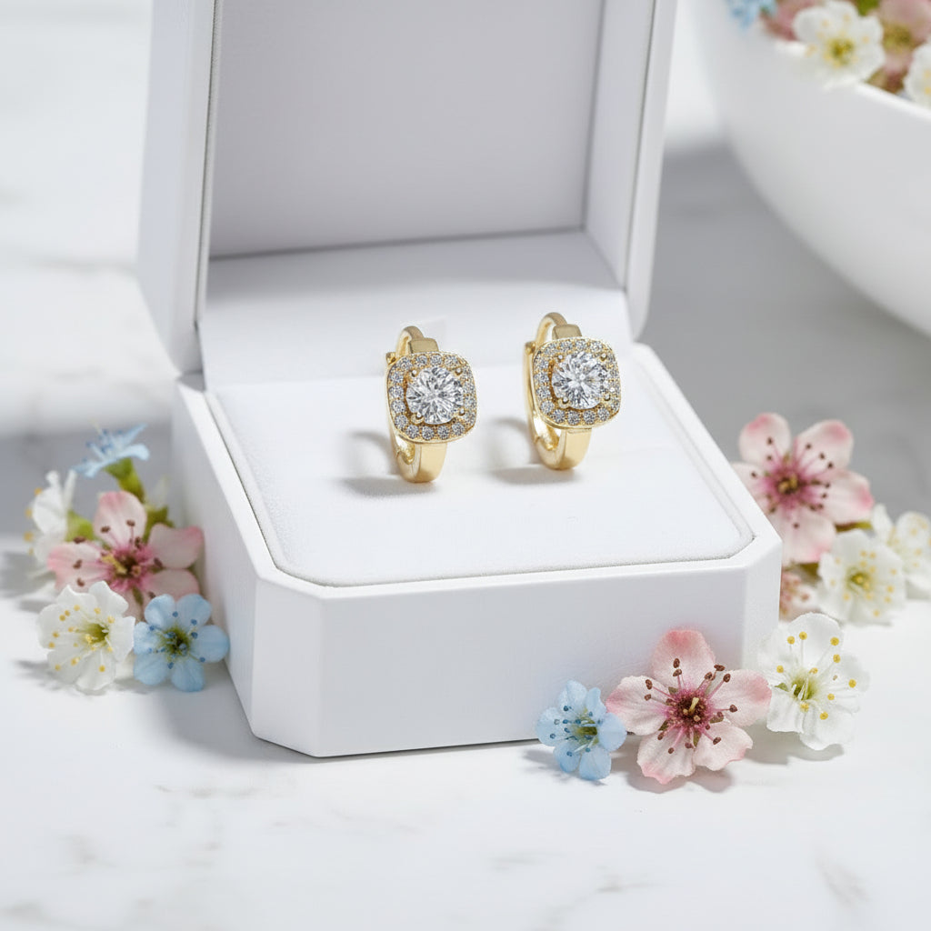 Italian Square / Round Design Natural Zircon Gemstone Earrings set in Platinum Plated 925 Silver