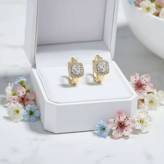 Italian Square / Round Design Natural Zircon Gemstone Earrings set in Platinum Plated 925 Silver