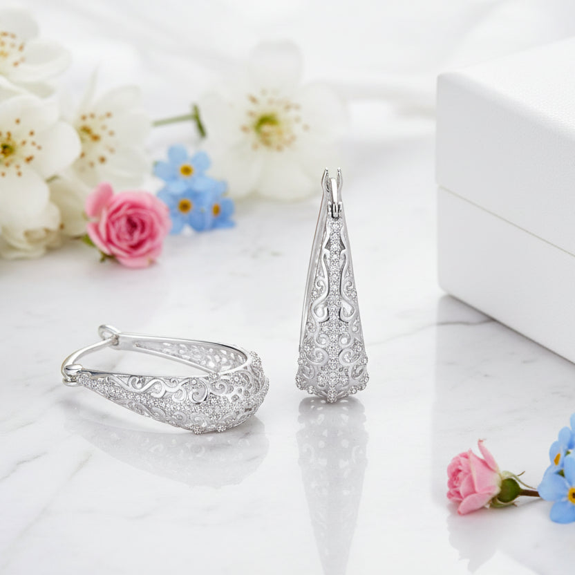 Retro British Designed Floral Earrings set in 18K White Gold Plated 925 Sterling Silver