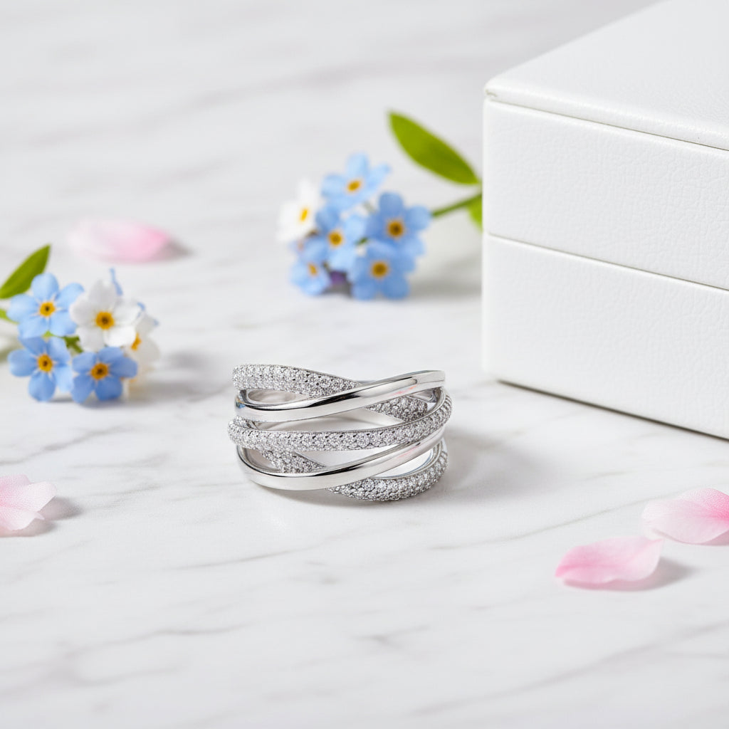 Italian Twist Micro Pavé-set 132 Moissanite Diamond Ring set in 18K White Gold Plated 925 Silver