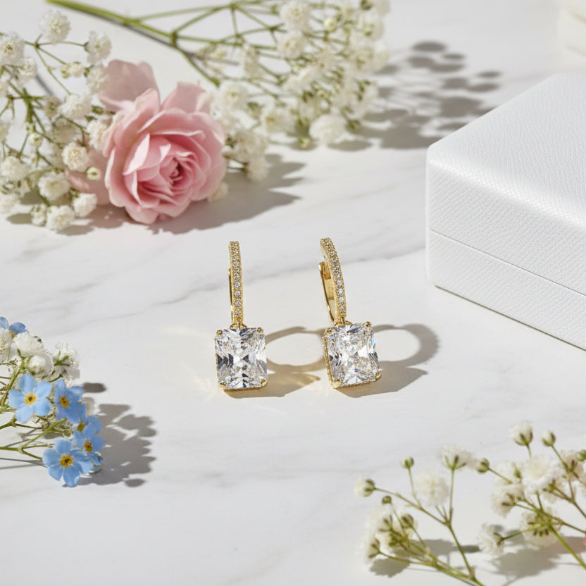 Modern Lock Inlaid 2 Carat Natural Zircon Gemstone Earrings set in 925 Sterling Silver