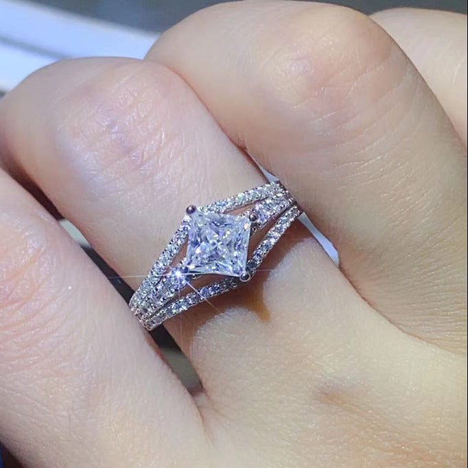 Princess Square Pavé-Set 1 Carat Moissanite Diamond Ring set in Platinum Plated 925 Silver (GRA)